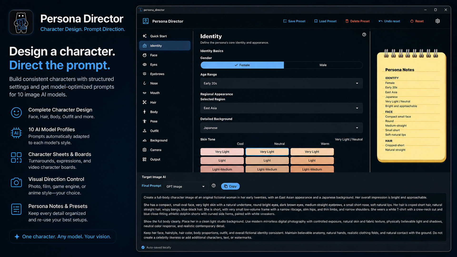 Persona Director workspace showing structured character design controls and prompt output